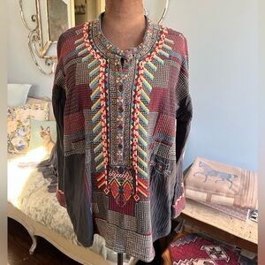 Johnny Was Embroidered flannel half button pullover top